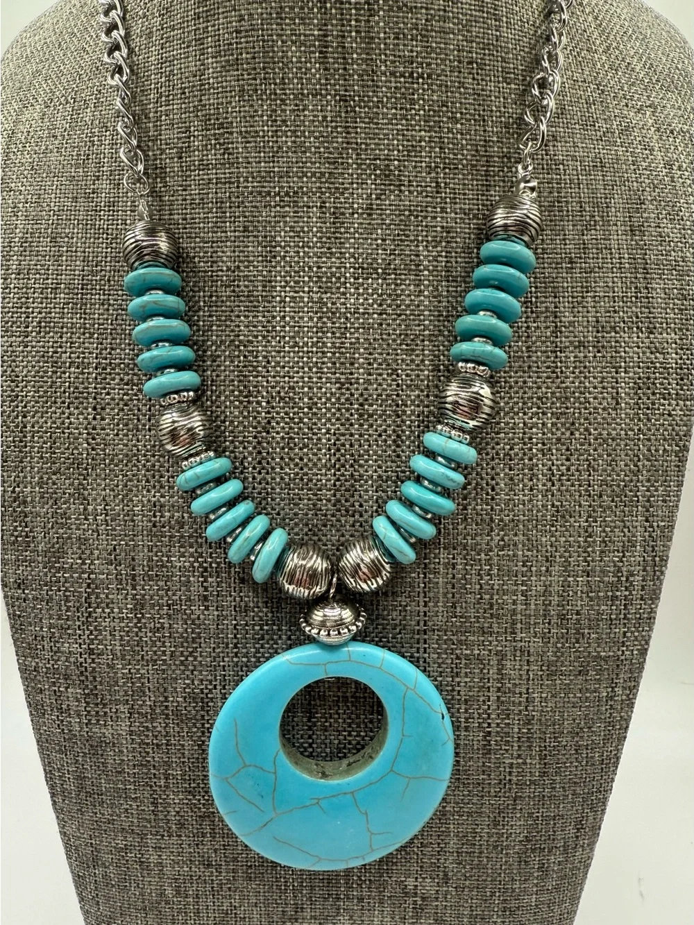 Turquoise Tone Pendant Necklace with Silver Accents - Women Jewelry - Retired